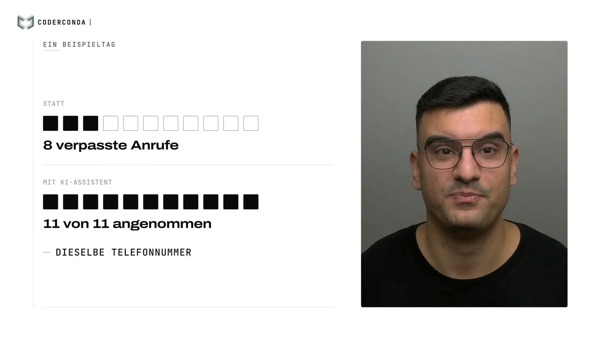 Ein Beispieltag: statt 8 verpasster Anrufe 11 von 11 angenommen, dieselbe Telefonnummer; rechts Damjan Savić