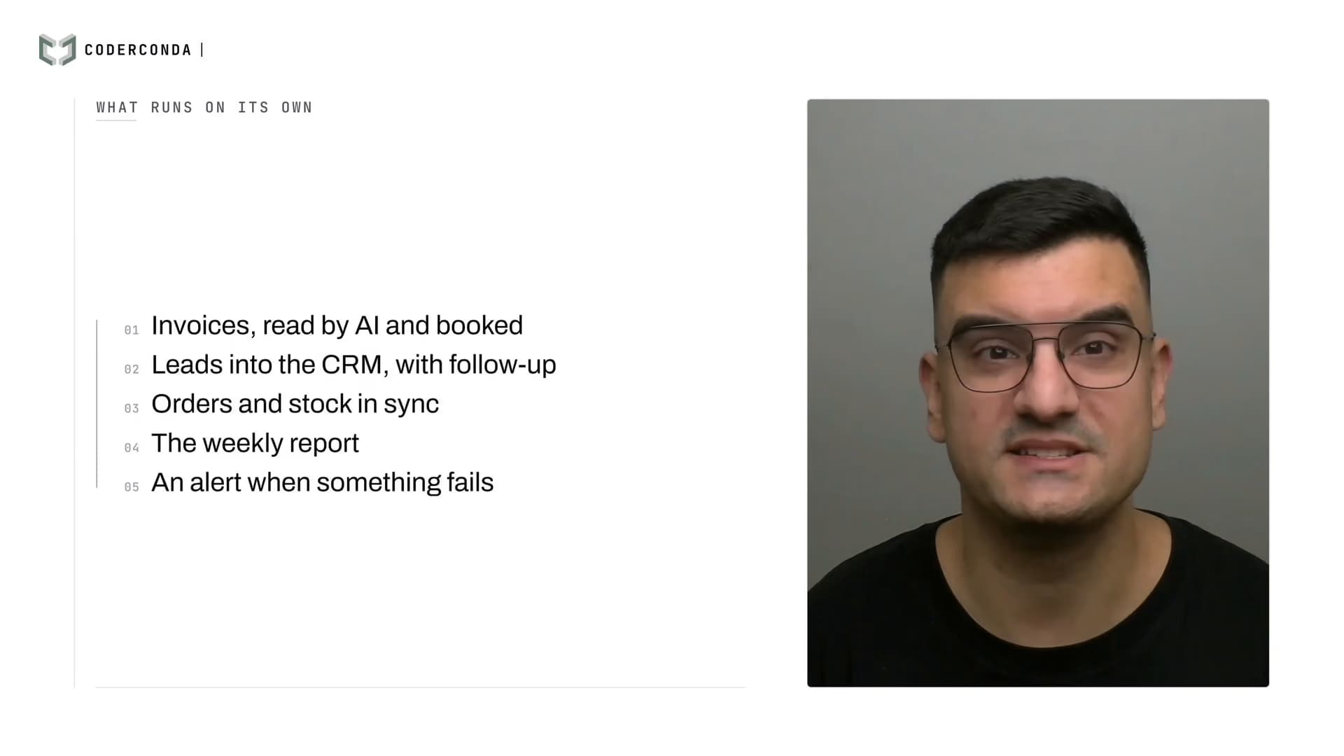 Damjan Savić beside the list “What runs on its own”: invoices read by AI, leads into the CRM, orders and stock in sync, the weekly report, an alert when something fails