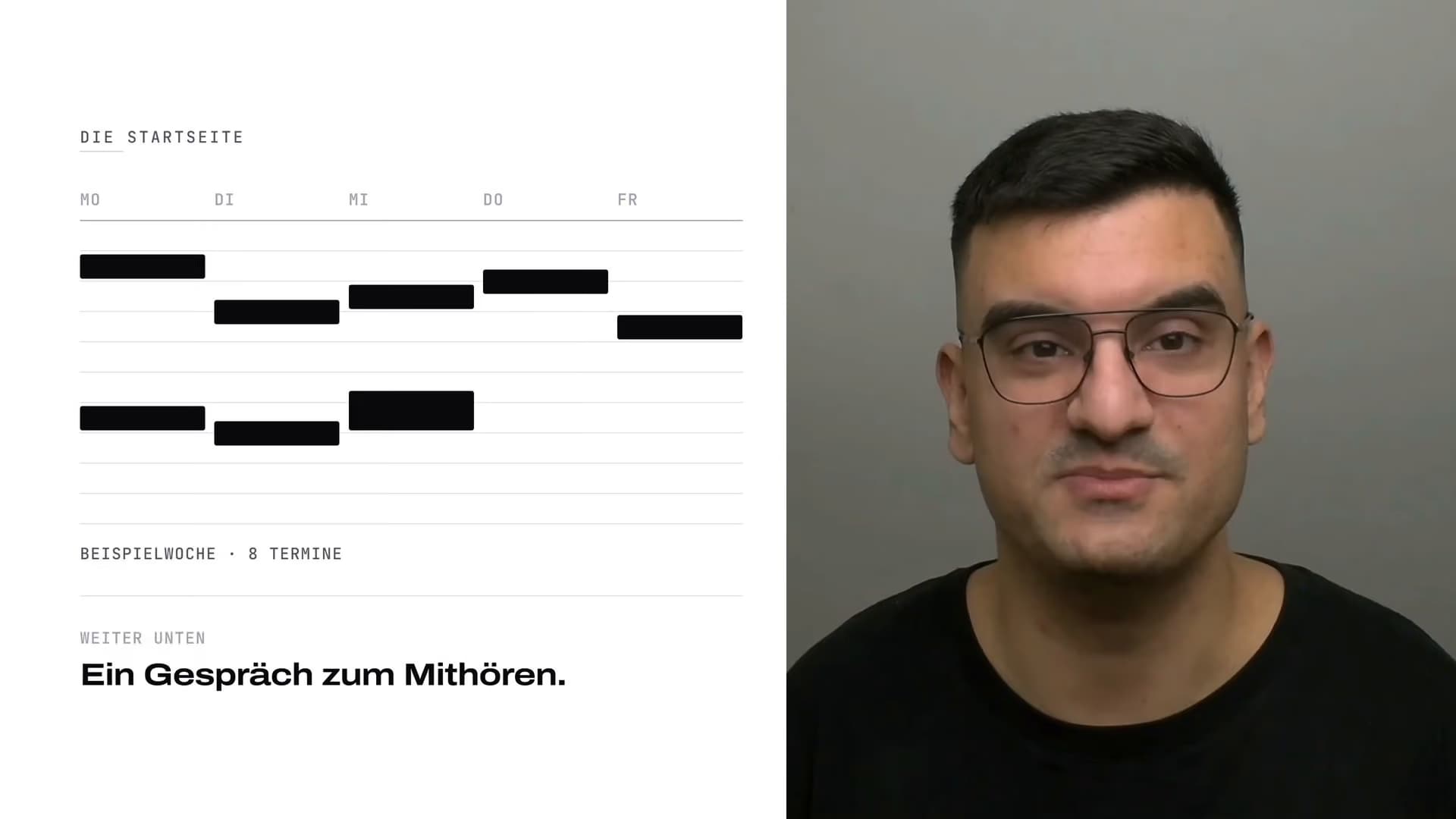 Die Startseite von Carpantier Consulting als Beispielwoche mit 8 Terminen, rechts Damjan Savić