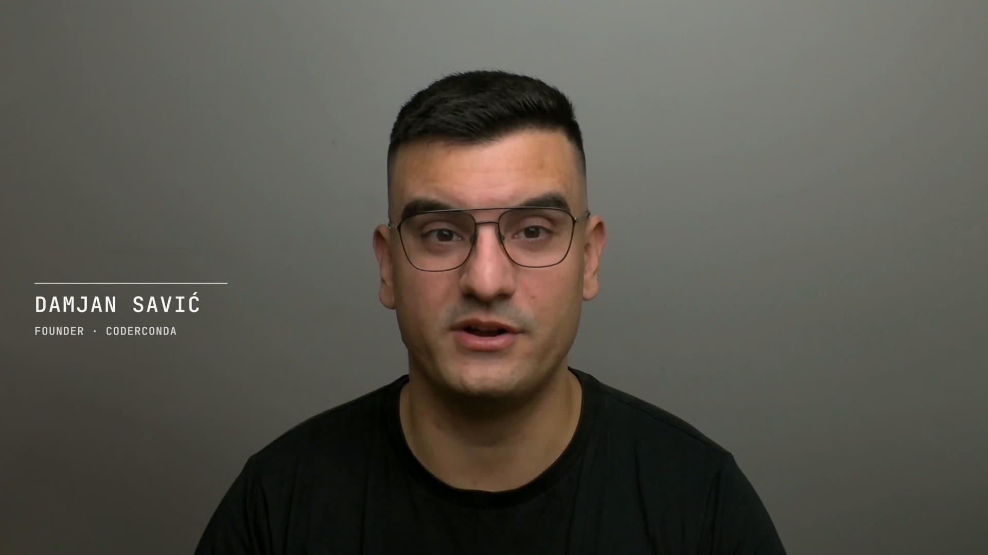 Damjan Savić speaking to camera, his name and “Founder · CoderConda” lower left