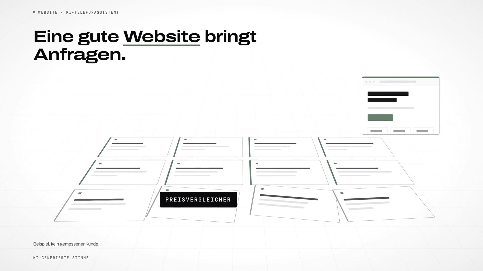 Anfragen als Raster aus Karten, eine Website daneben und die Marke „Preisvergleicher“; Überschrift „Eine gute Website bringt Anfragen.“