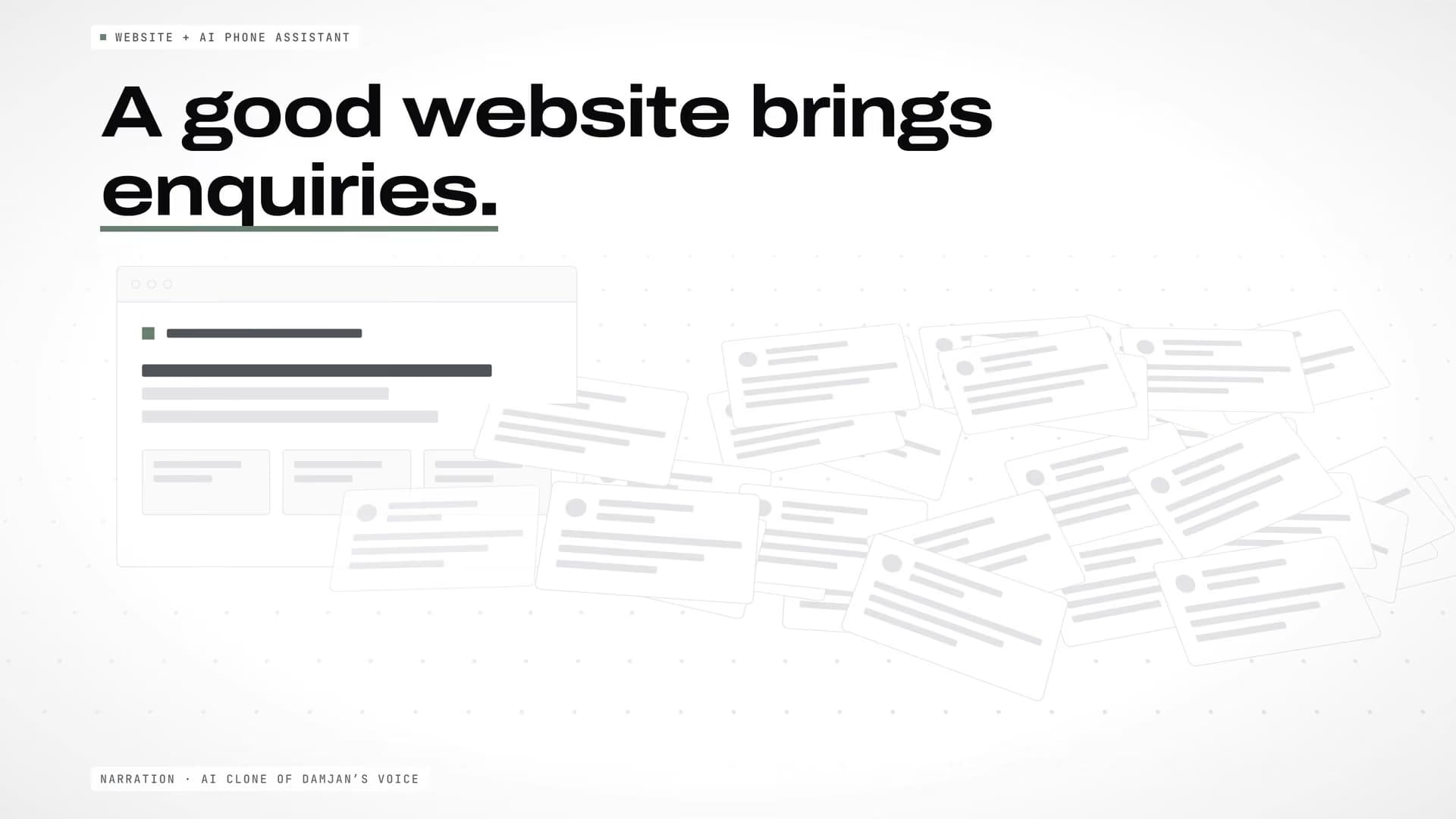 A heap of enquiry cards beside a website window; headline “A good website brings enquiries.”