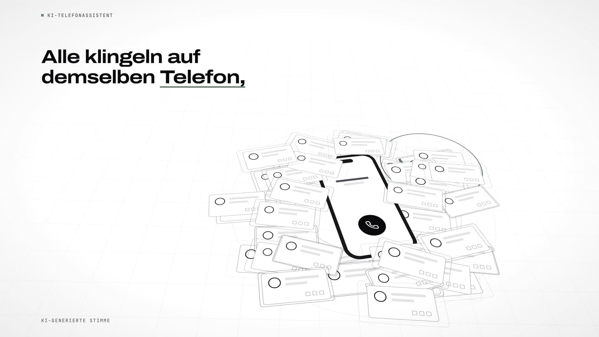Ein Telefon unter einem Haufen von Anrufzetteln; Überschrift „Alle klingeln auf demselben Telefon,“