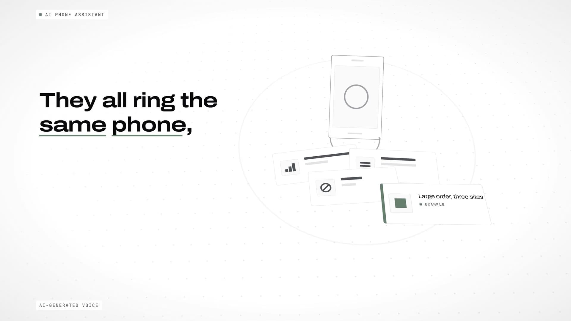 Telefon među gomilom cedulja sa pozivima; naslov „They all ring the same phone,“
