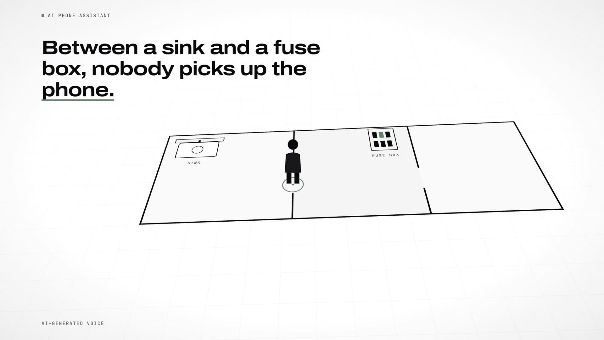 Plan prostorije sa lavaboom, osobom i razvodnom tablom; naslov „Between a sink and a fuse box, nobody picks up the phone.“
