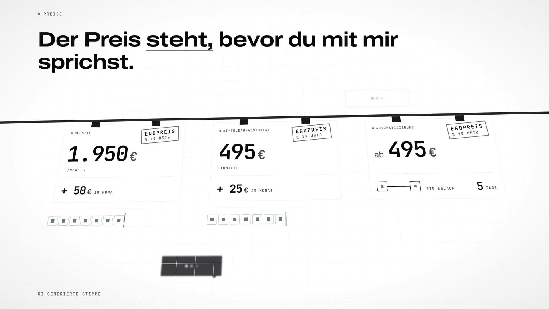 Drei Preisschilder an einer Schiene, Website 1.950 €, KI-Telefonassistent 495 € und Automatisierung ab 495 €, jedes mit dem Stempel „Endpreis“; Überschrift „Der Preis steht, bevor du mit mir sprichst.“