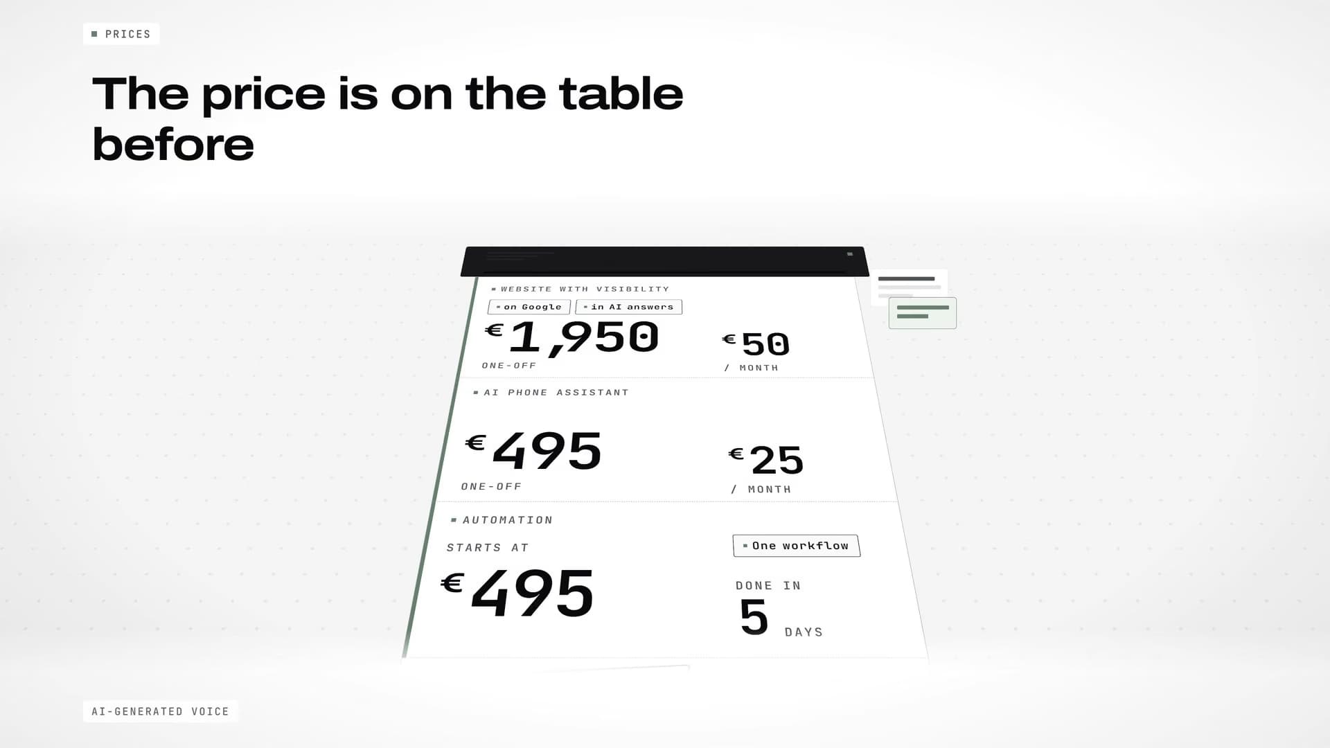 A price sheet with three lines: website €1,950, AI phone assistant €495 and automation from €495; headline “The price is on the table before you talk to me.”