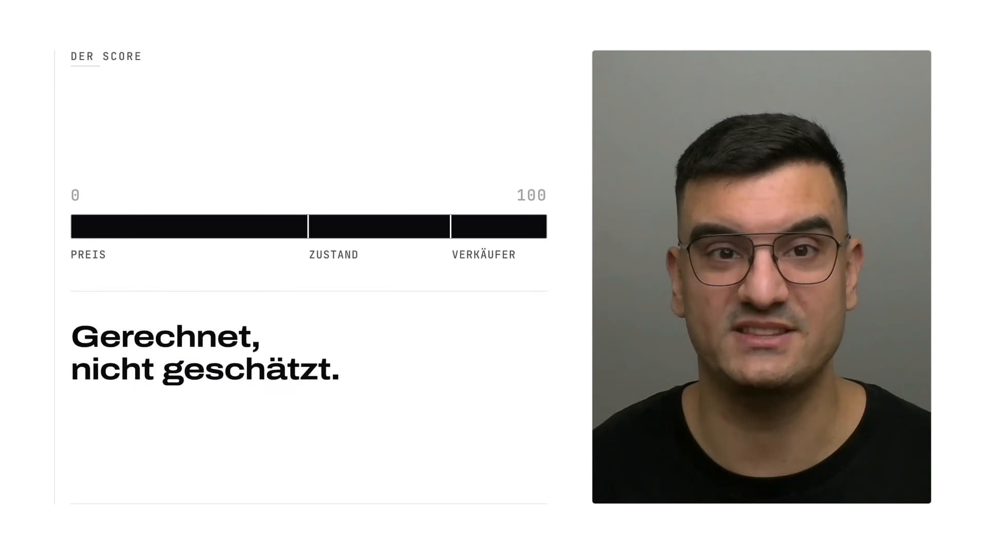 Der Score von 0 bis 100 aus Preis, Zustand und Verkäufer, darunter „Gerechnet, nicht geschätzt.“; rechts Damjan Savić