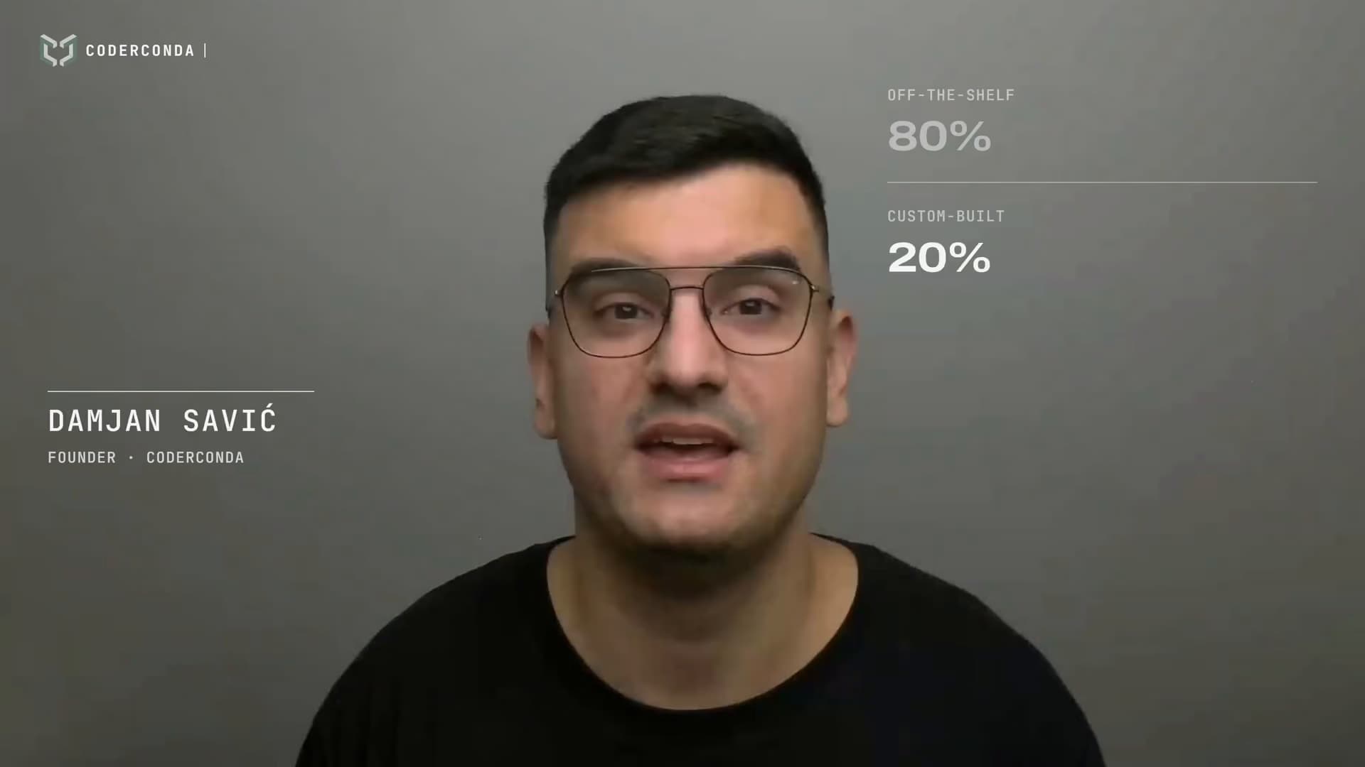 Damjan Savić speaking to camera, beside him “80% off-the-shelf, 20% custom-built”