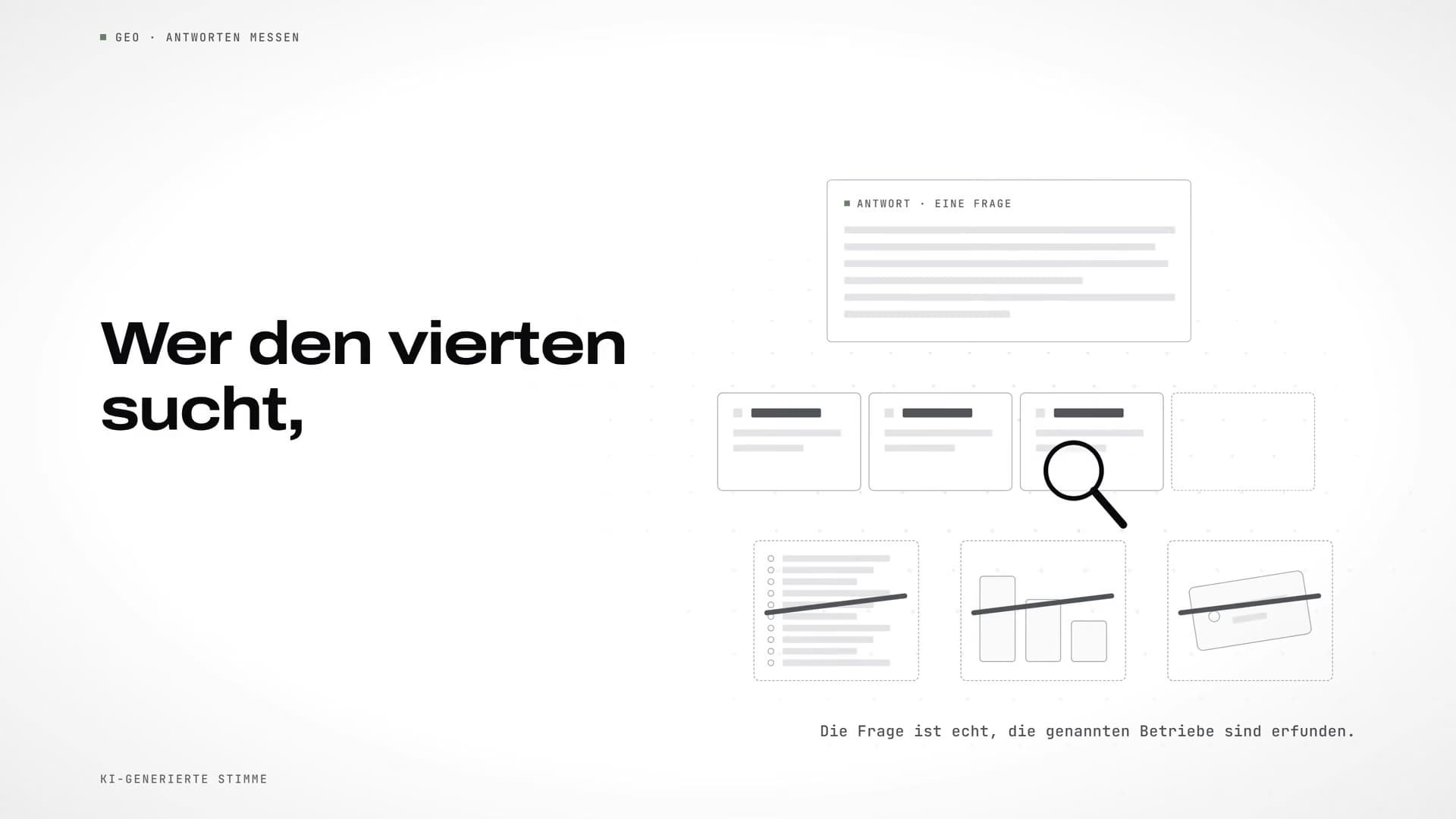 Eine KI-Antwort, in der drei Betriebe stehen und der vierte Platz leer bleibt, darunter eine Lupe; Überschrift „Wer den vierten sucht,“ und der Hinweis, dass die genannten Betriebe erfunden sind