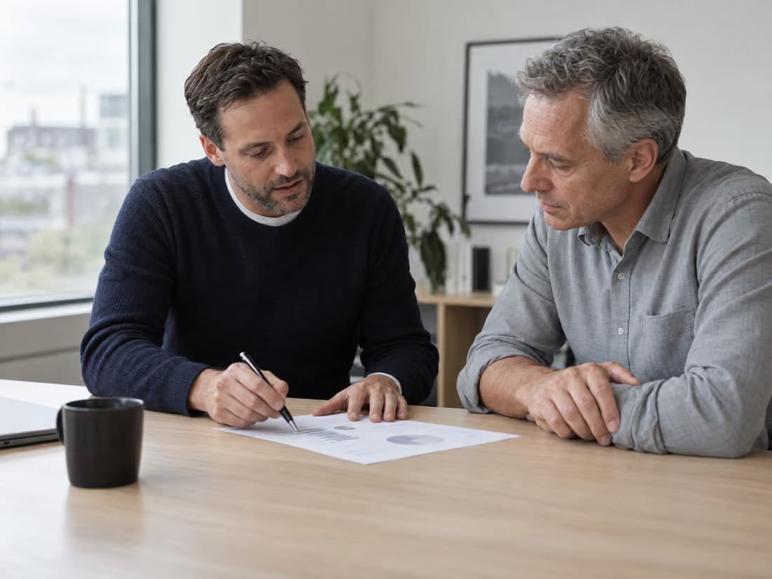 Berater erklärt einem Kunden ein einseitiges Angebot am Tisch