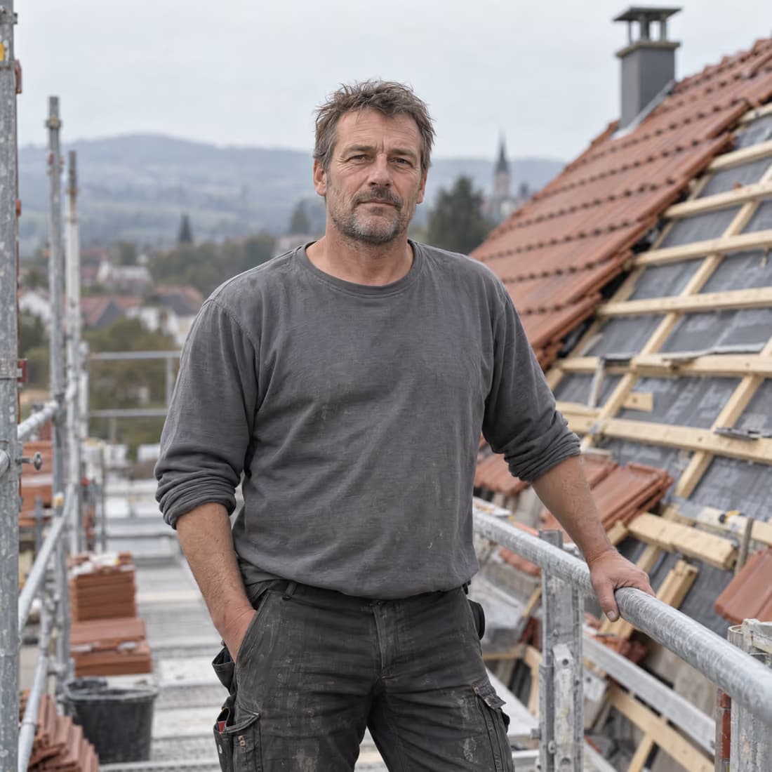 Dachdecker auf dem Gerüst vor einem halb gedeckten Dach